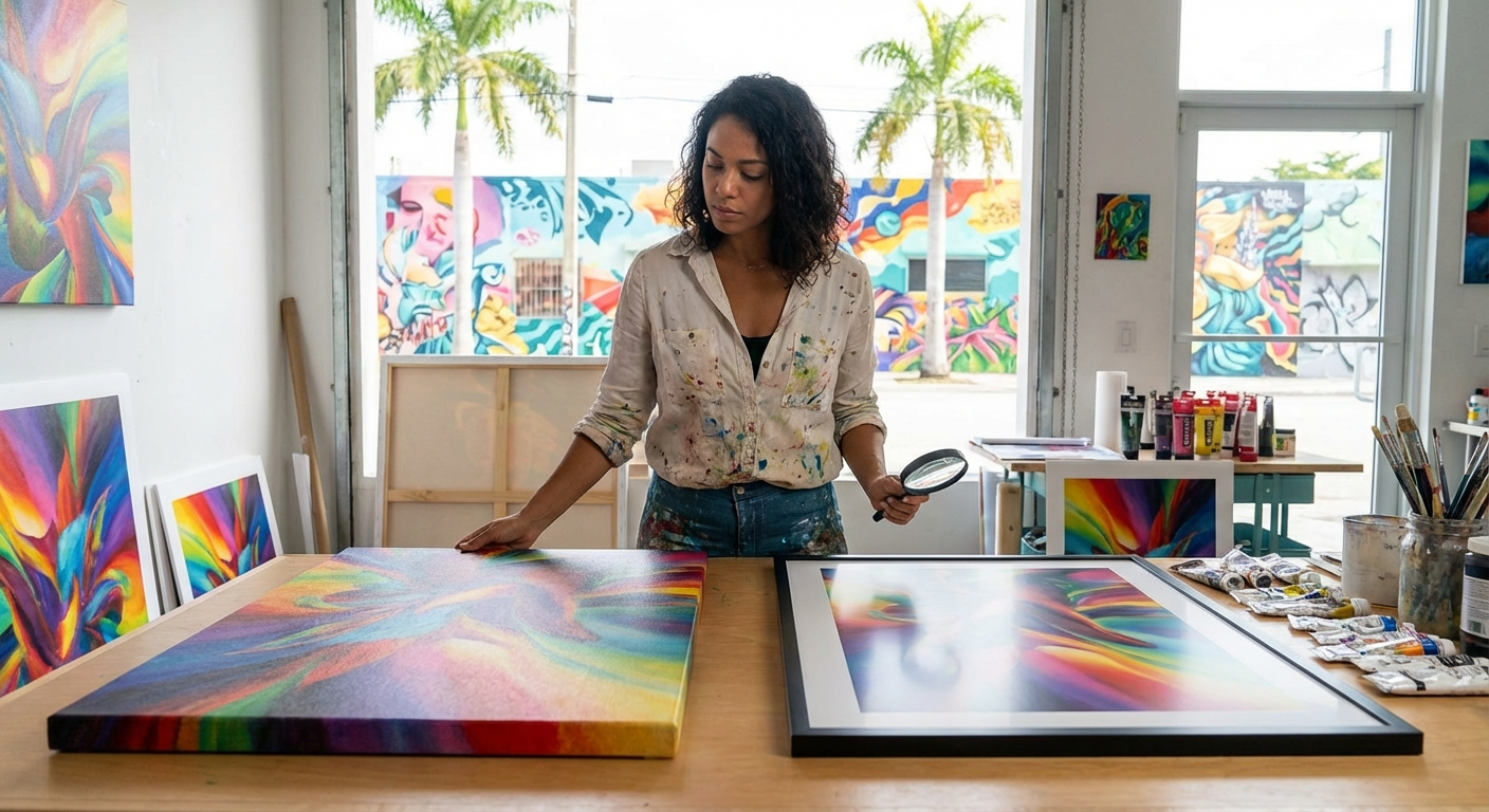 Miami artist choosing between canvas and fine art paper for printing artwork