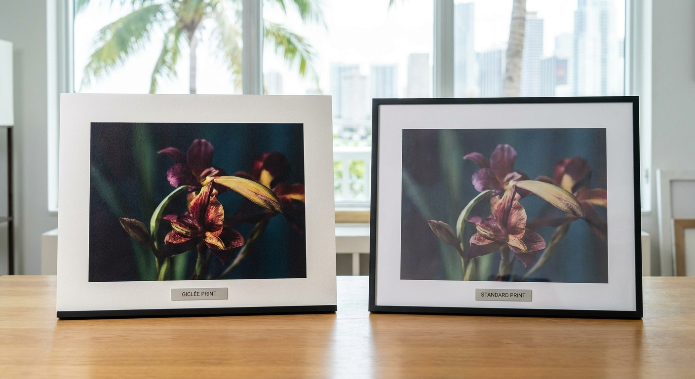 Comparison of Giclée and standard print quality for artwork in Miami